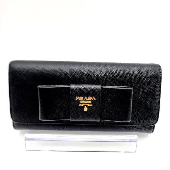 PRADA Saffiano Bow Continental Wallet Black 100% Authentic - Picture 1 of 16
